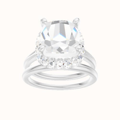 Split Cathedral Engagement Ring With V Prong Halo Head and Matching Band