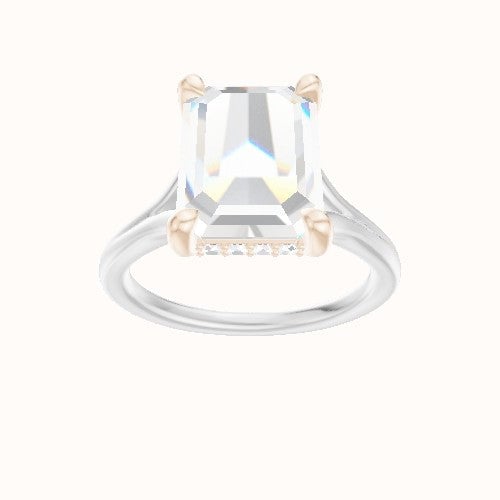 Split Cathedral Engagement Ring With V Prong with Hidden Halo Head