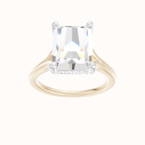Split Cathedral Engagement Ring With V Prong with Hidden Halo Head