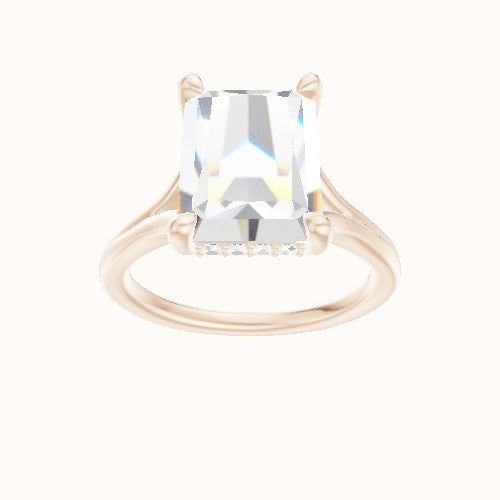 Split Cathedral Engagement Ring With V Prong with Hidden Halo Head