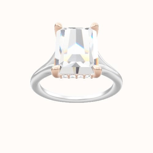 Split Cathedral Engagement Ring With V Prong with Hidden Halo Head