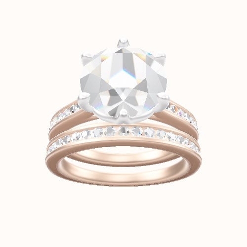 Tapered Channel Set Engagement Ring With Crown Six Prong w. accent Diamond Head and Matching Band