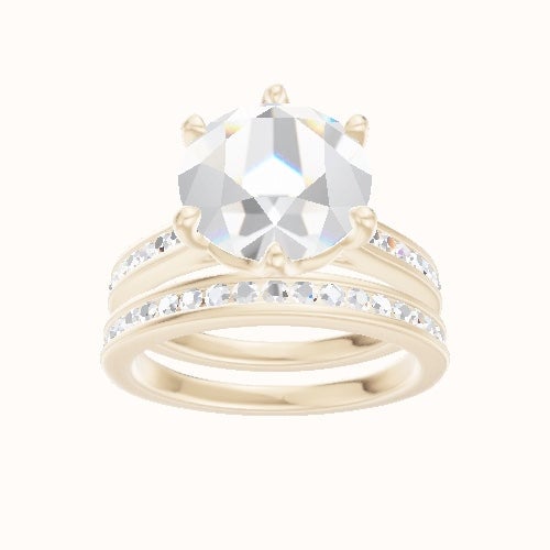 Tapered Channel Set Engagement Ring With Crown Six Prong w. accent Diamond Head and Matching Band