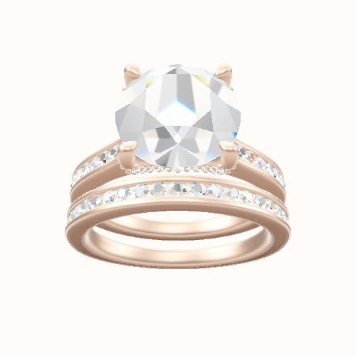 Tapered Channel Set Engagement Ring With Double Pave V Prong Head and Matching Band