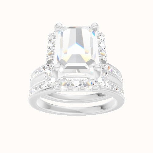 Tapered Channel Set Engagement Ring With Halo Head and Matching Band