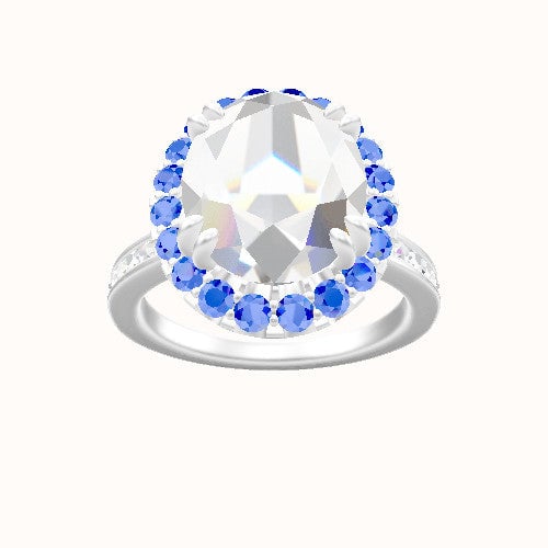 Tapered Channel Set Engagement Ring With Halo with Double Prong Head and Matching Band