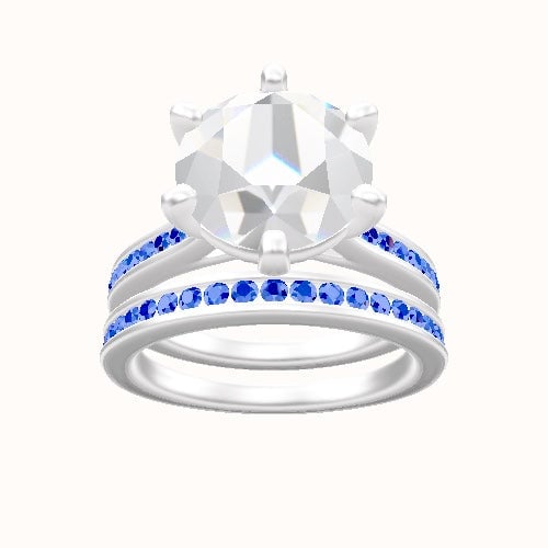 Tapered Channel Set Engagement Ring With High Set Six Prong Head and Matching Band