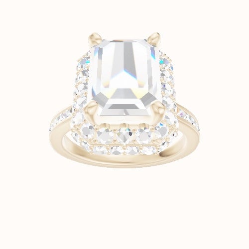 Tapered Channel Set Engagement Ring With High Set Waterfall Halo Head