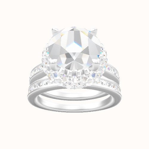 Tapered Channel Set Engagement Ring With Low Set Waterfall Halo Head and Matching Band