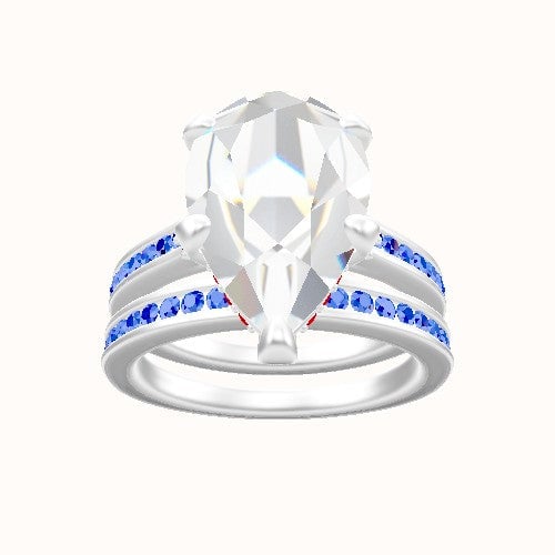 Tapered Channel Set Engagement Ring With Pave Basket Head and Matching Band