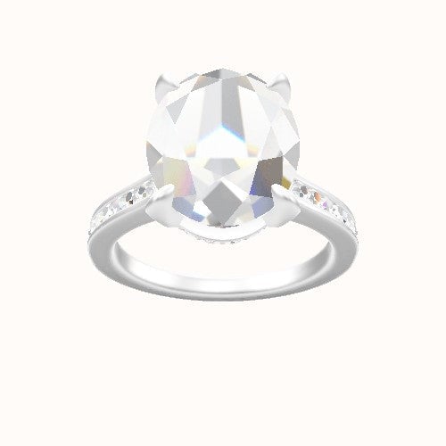 Tapered Channel Set Engagement Ring With Pave Basket Head and Matching Band