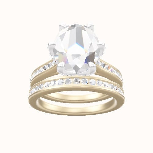 Tapered Channel Set Engagement Ring With Pave Petal Six Prong Head and Matching Band