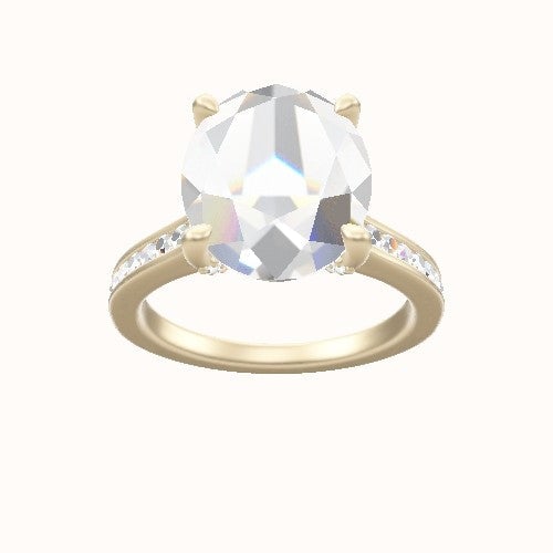Tapered Channel Set Engagement Ring With Pave V Prong Head and Matching Band