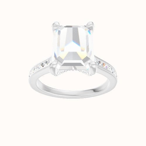 Tapered Channel Set Engagement Ring With Pave V Prong Head and Matching Band