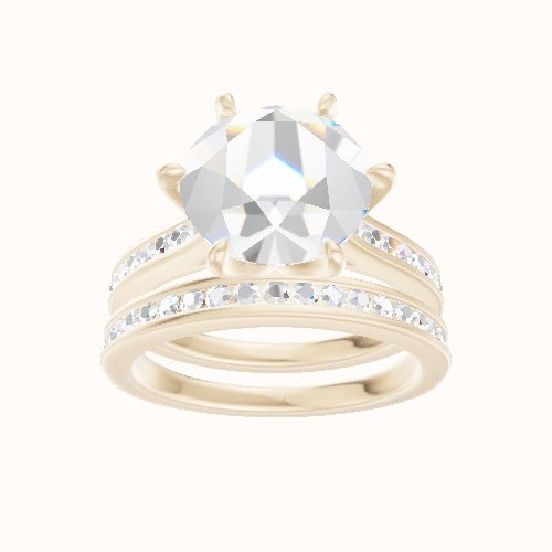 Tapered Channel Set Engagement Ring With Petal Six Prong Head and Matching Band