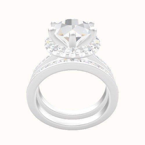Tapered Channel Set Engagement Ring With Six Prong Halo Head and Matching Band