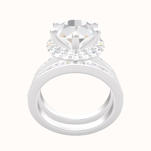 Tapered Channel Set Engagement Ring With Six Prong Halo Head and Matching Band