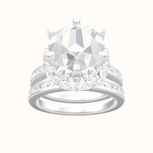 Tapered Channel Set Engagement Ring With Six Prong Waterfall Halo Head and Matching Band