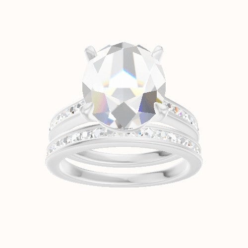 Tapered Channel Set Engagement Ring With Standard Four Prong Head and Matching Band