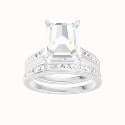Tapered Channel Set Engagement Ring With Standard Four Prong Head and Matching Band