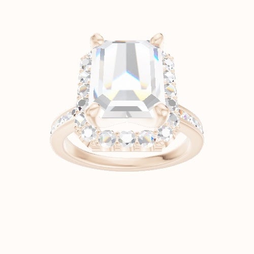 Tapered Channel Set Engagement Ring With V Prong Halo Head