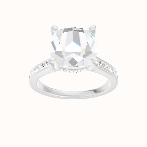 Tapered Channel Set Engagement Ring With V Prong with Hidden Halo Head