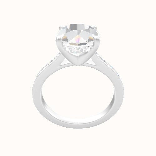 Tapered Channel Set Engagement Ring With V Prong with Hidden Halo Head
