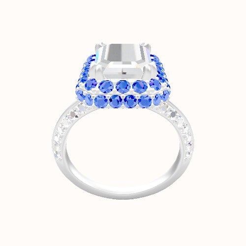 Tapered Knife Edge Double Row Pave Engagement Ring With Double Prong Waterfall Halo Head