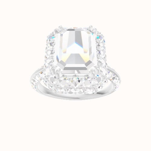 Tapered Knife Edge Double Row Pave Engagement Ring With Double Prong Waterfall Halo Head