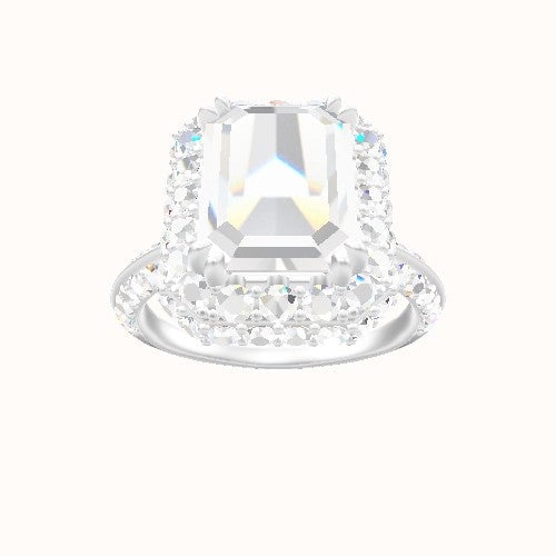 Tapered Knife Edge Double Row Pave Engagement Ring With Double Prong Waterfall Halo Head and Matching Band