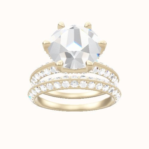 Tapered Knife Edge Double Row Pave Engagement Ring With Pave Petal Six Prong Head and Matching Band