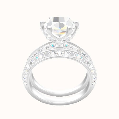 Tapered Knife Edge Double Row Pave Engagement Ring With Pave Petal Six Prong Head and Matching Band