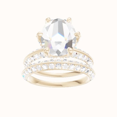 Tapered Knife Edge Double Row Pave Engagement Ring With Pave Petal Six Prong Head and Matching Band