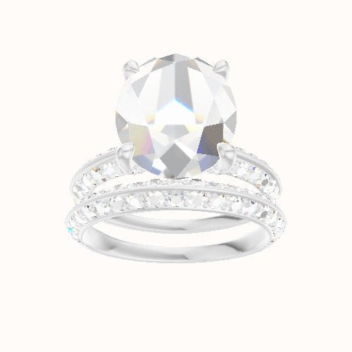 Tapered Knife Edge Double Row Pave Engagement Ring With Pave V Prong Head and Matching Band