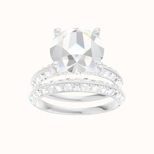 Tapered Knife Edge Double Row Pave Engagement Ring With Pave V Prong Head and Matching Band