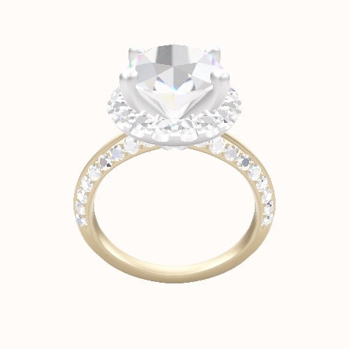 Tapered Knife Edge Double Row Pave Engagement Ring With V Prong Halo Head