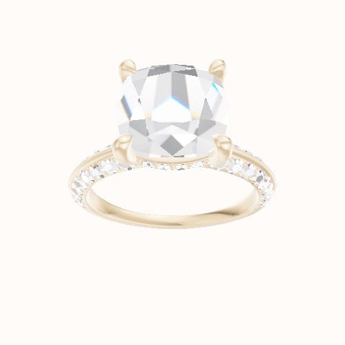 Tapered Knife Edge Double Row Pave Engagement Ring With V Prong with Hidden Halo Head