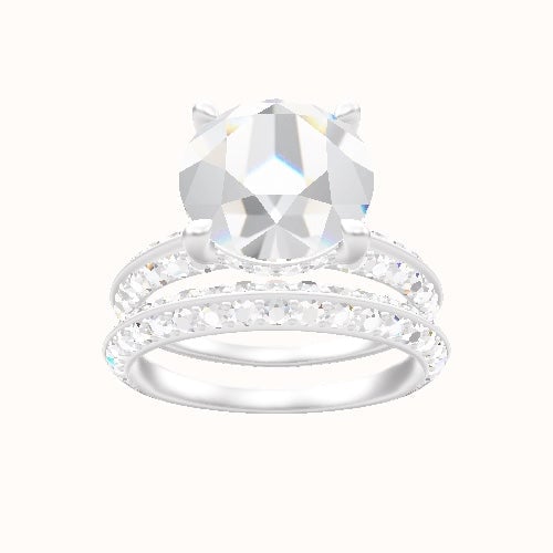 Tapered Knife Edge Double Row Pave Engagement Ring With V Prong with Hidden Halo Head and Matching Band