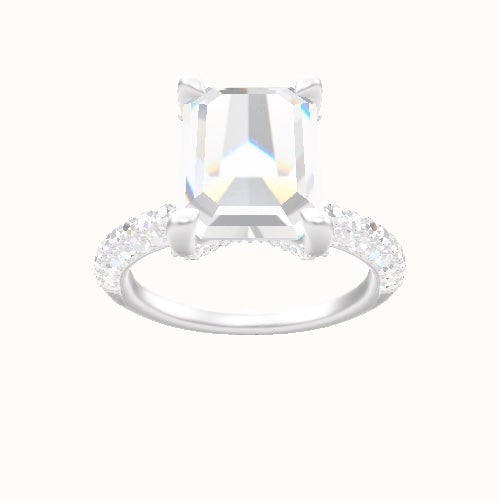 Three Row Pave Engagement Ring With Double Pave V Prong Head and Matching Band