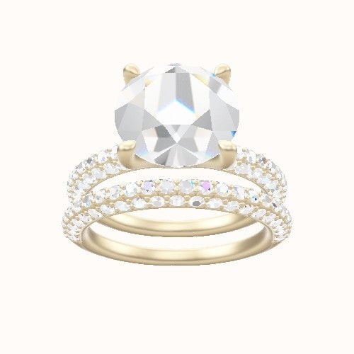 Three Row Pave Engagement Ring With Four Prong Head and Matching Band