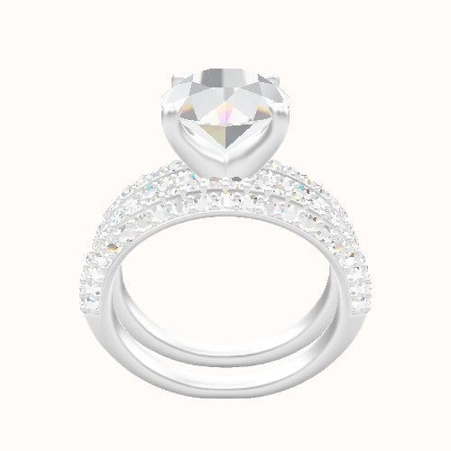 Three Row Pave Engagement Ring With Four Prong Head and Matching Band