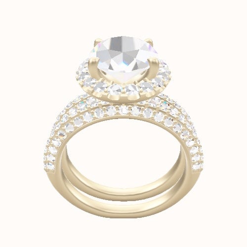 Three Row Pave Engagement Ring With Halo Head and Matching Band