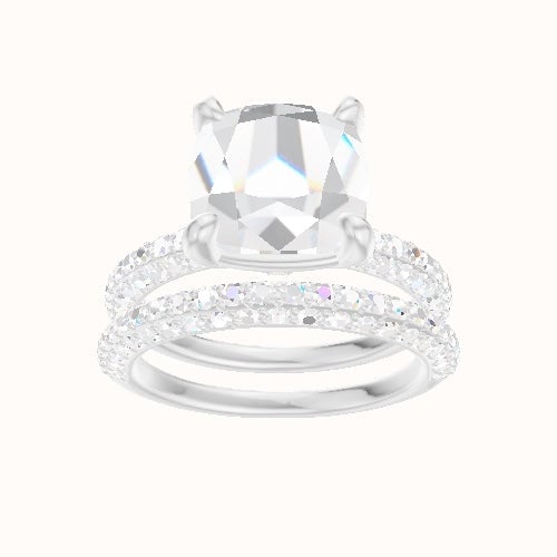 Three Row Pave Engagement Ring With Low Set Four Prong Head and Matching Band