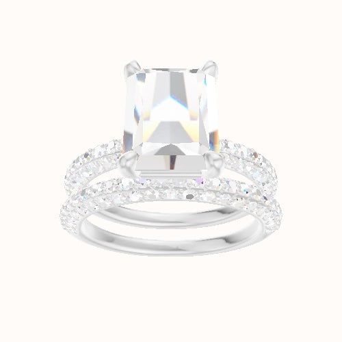 Three Row Pave Engagement Ring With Low Set Four Prong Head and Matching Band