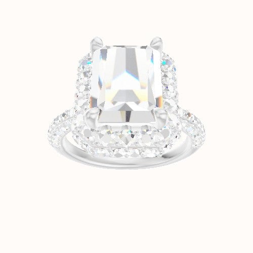 Three Row Pave Engagement Ring With Low Set Waterfall Halo Head