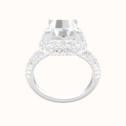 Three Row Pave Engagement Ring With Low Set Waterfall Halo Head