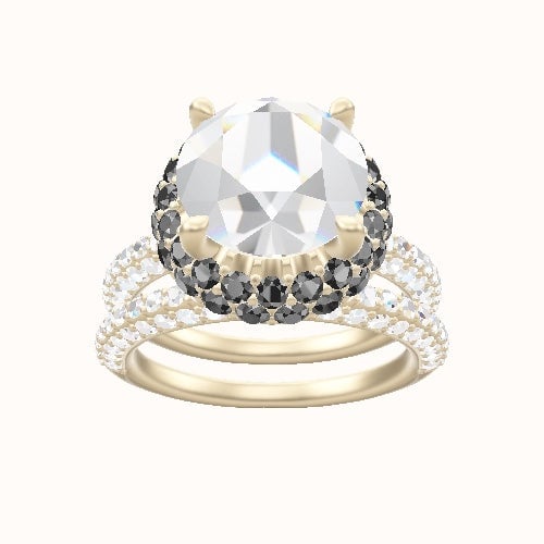 Three Row Pave Engagement Ring With Low Set Waterfall Halo Head and Matching Band