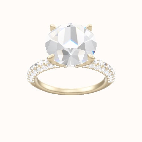 Three Row Pave Engagement Ring With Pave Tulip Prongs w. Surprise Diamond Head and Matching Band