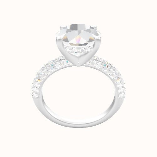 Three Row Pave Engagement Ring With V Prong with Hidden Halo Head