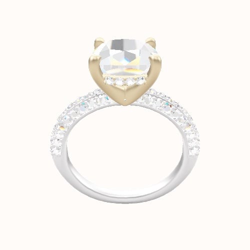 Three Row Pave Engagement Ring With V Prong with Hidden Halo Head